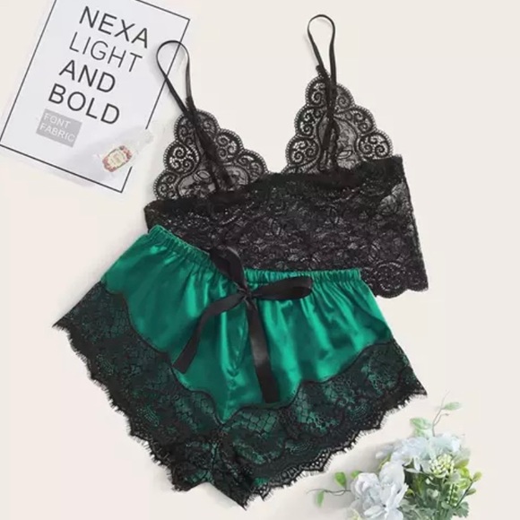 Other - Satin V-neck Lingerie Lace Black & Green Sleepwear